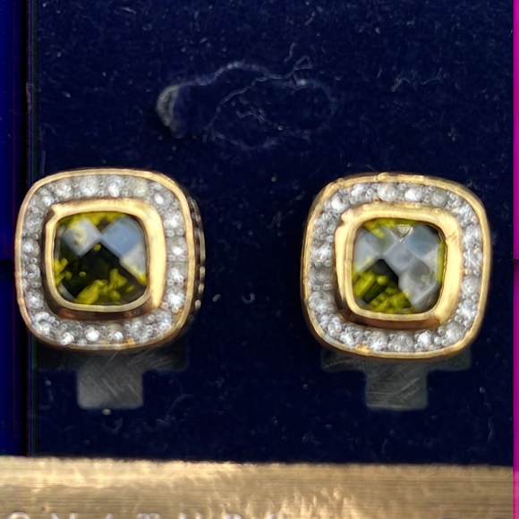 Designer Inspired French clip back Signature Collection green stone earrings. - Picture 5 of 6